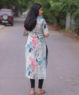 Misty Blue Blossom Textured Muslin Cotton Kurti