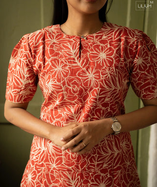 Crimson Wildflower Cotton Kurti with Elbow Sleeves