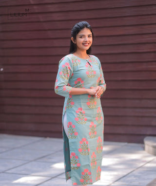Aqua Blossom Cotton Kurti | Casual 3/4 Sleeve Everyday Wear