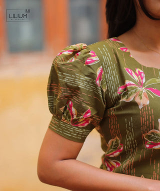 Olive Meadow Foil Cotton Kurti with Elbow Sleeves