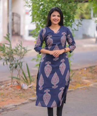 Indigo Rosewood Cotton Kurti with 3/4 Sleeves