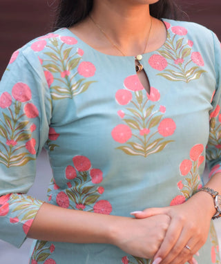 Aqua Blossom Cotton Kurti | Casual 3/4 Sleeve Everyday Wear