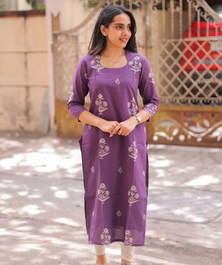 Royal Plum Cotton Kurti with 3/4 Sleeves