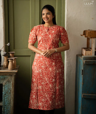 Crimson Wildflower Cotton Kurti with Elbow Sleeves