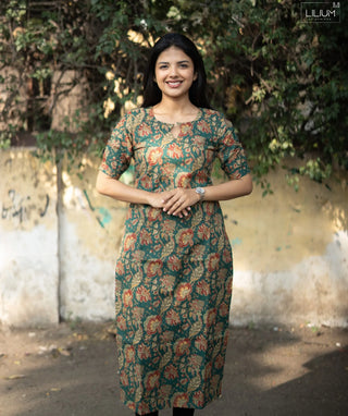 Emerald Garden Bloom Cotton Kurti with Elbow Sleeves