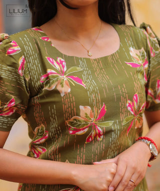 Olive Meadow Foil Cotton Kurti with Elbow Sleeves