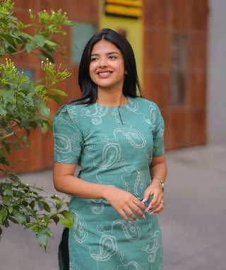 Seafoam Sage Cotton Kurti | Elbow Sleeve Everyday Style