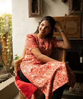 Crimson Wildflower Cotton Kurti with Elbow Sleeves