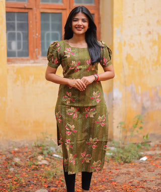 Olive Meadow Foil Cotton Kurti with Elbow Sleeves