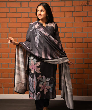 Charcoal Noir Hand Embroidered Muslin 3 Piece Festive Set