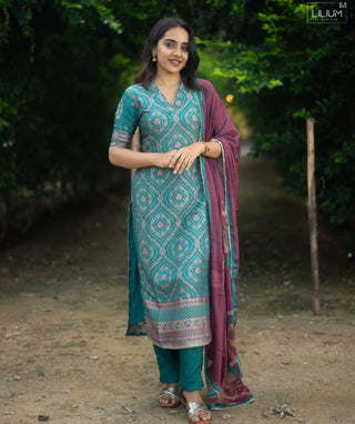 Aqua Teal Pure Banaras Silk 3 Piece Festive Set