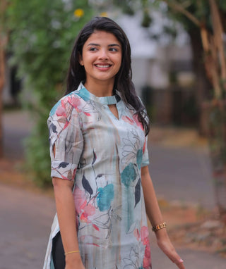 Misty Blue Blossom Textured Muslin Cotton Kurti