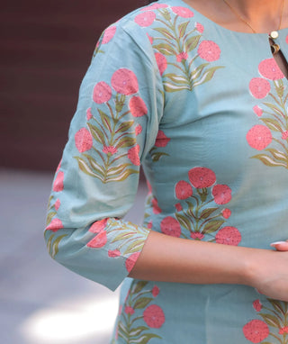 Aqua Blossom Cotton Kurti | Casual 3/4 Sleeve Everyday Wear