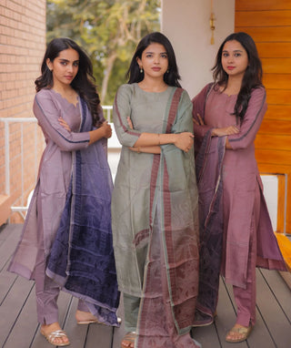 Smoky Mauve Hand Embroidered Slub Muslin 3 Piece Set