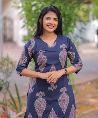 Indigo Rosewood Cotton Kurti with 3/4 Sleeves