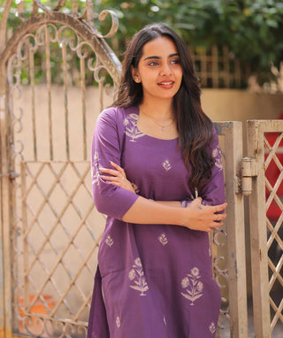 Royal Plum Cotton Kurti with 3/4 Sleeves
