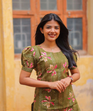 Olive Meadow Foil Cotton Kurti with Elbow Sleeves
