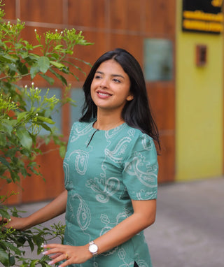 Seafoam Sage Cotton Kurti | Elbow Sleeve Everyday Style