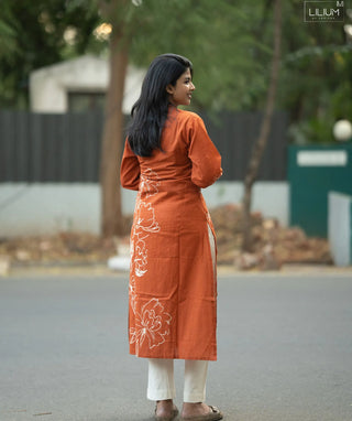 Burnt Sienna Bloom Slub Cotton Co-Ord Set with Pockets