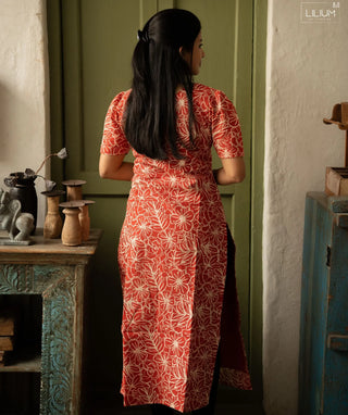 Crimson Wildflower Cotton Kurti with Elbow Sleeves