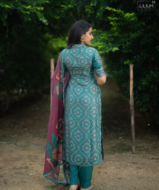 Aqua Teal Pure Banaras Silk 3 Piece Festive Set