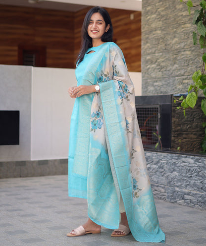 Teal Tapestry - Sky Blue Kurti With Banaras Shawl