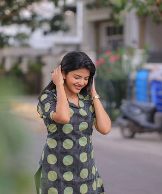 Sage Noir Mosaic Cotton Kurti – Casual Elbow Sleeve