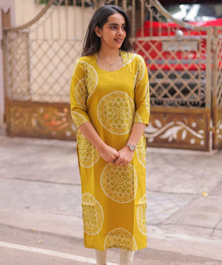 Mustard Gold Cotton Kurti – 3/4 Sleeve Casual Wear