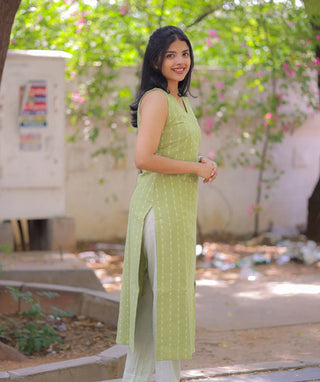 Citrus Green in Handloom Cotton -Co-ords Set | Kurti