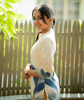 Pale Yellow Cotton Linen Kurti with Blue Blossom Print