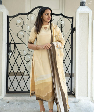 Pale Yellow Abstract Print Muslin Kurti with Shawl