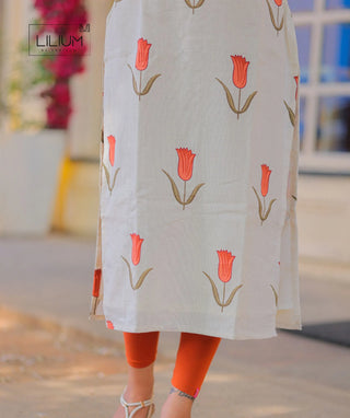Half White Kurti with Orange Tulip Print in Linen Cotton
