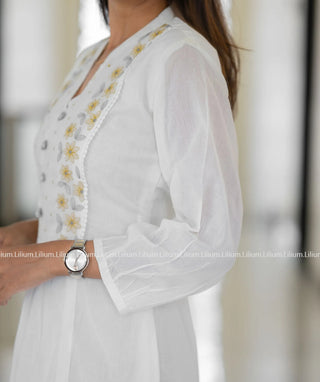 Elegant Halfwhite A-Line Kurti with Embroidery Blossom