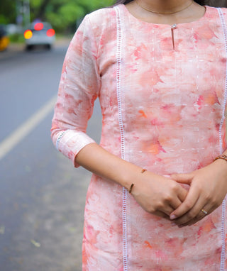 Peach Blossom Linen Slub Kurti - Casual Elegance