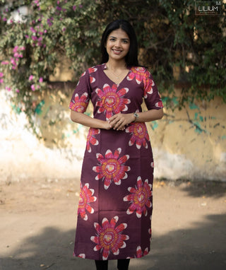 Crimson Dahlia Wine Cotton Kurti with Elbow Sleeves