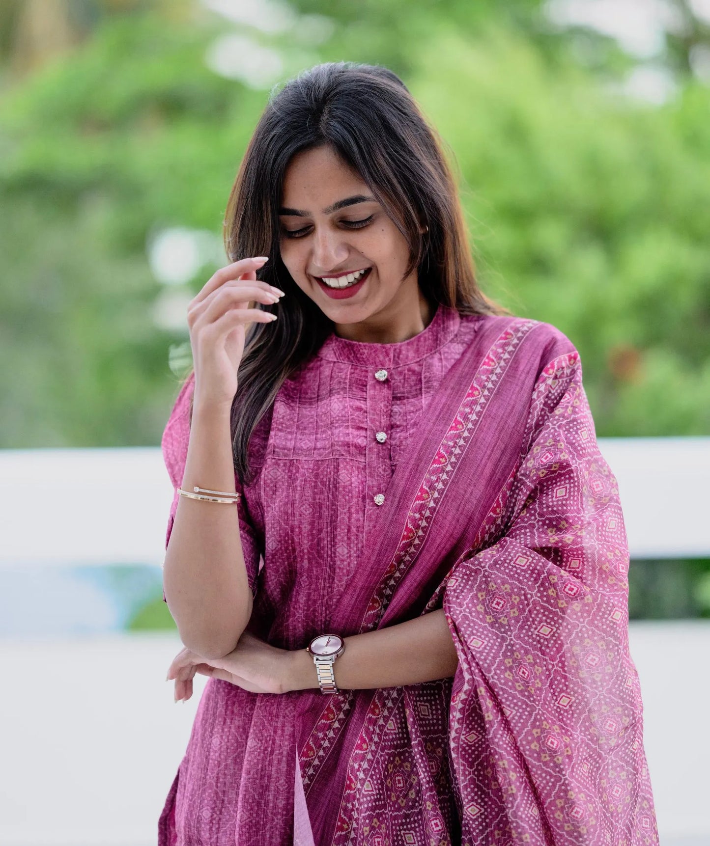 Raspberry Pink Chanderi Kurti with Shawl - Traditional Wear