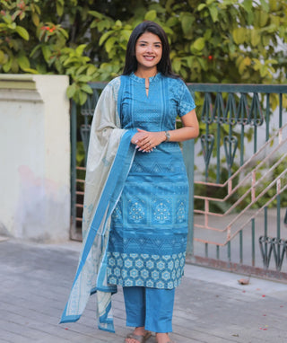 Azure Heritage Cotton 3 Piece Set with Hand Embroidery
