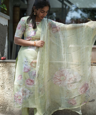 Pistachio Floral Mist Cotton Hand-Embroidered 3-Piece Set
