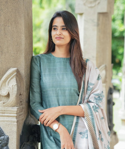 Sage Green Tussar Kurti with Shawl - Traditional Attire