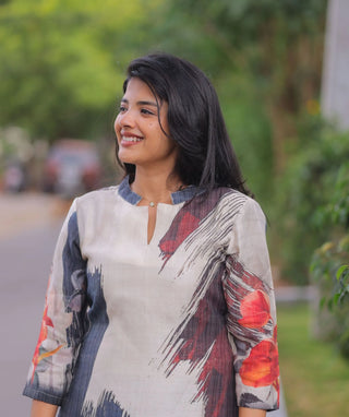 Ivory Coral Indigo Textured Muslin Cotton Kurti