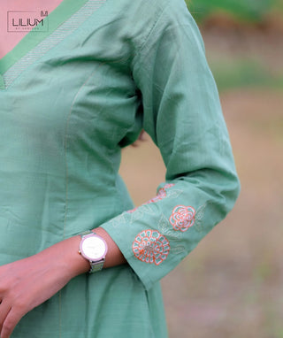 Leaf Green Embroidered Kurti with Bottom – Festive Wear