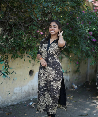 Midnight Dune Blossom Handblock Cotton Kurti – Elbow Sleeve