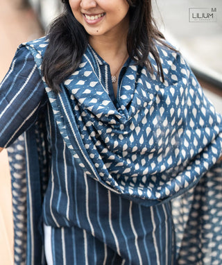 Indigo Blue Striped Kurti with Shawl in Raw Silk Fabric