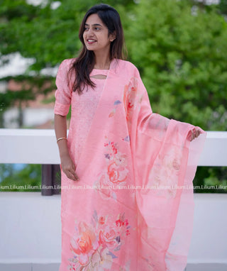 Elegant Rose Quartz Chanderi Slub Kurti with Shawl