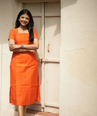 Temple Orange Handloom Chanderi Silk Kurti with Butta