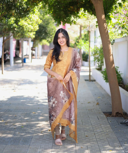 Golden Yellow Hakoba Kurti With Shawl