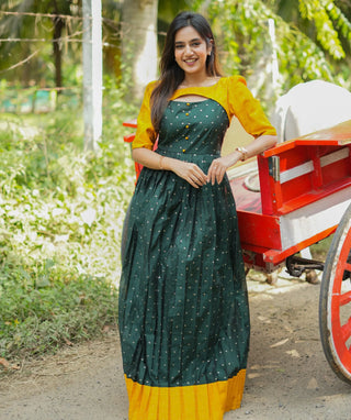 Festive Maxi Dress in Yellow & Emerald Green Chanderi Silk