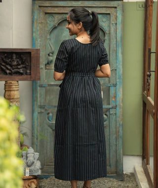Cotton Maxi Dress in Midnight Lines with Pockets