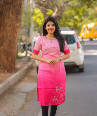 Flamingo Petal Mist Chanderi Kurti with Hand Embroidery