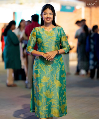 Pine Green Shimmer Tissue Kurti – Elegant Lined Casual Wear